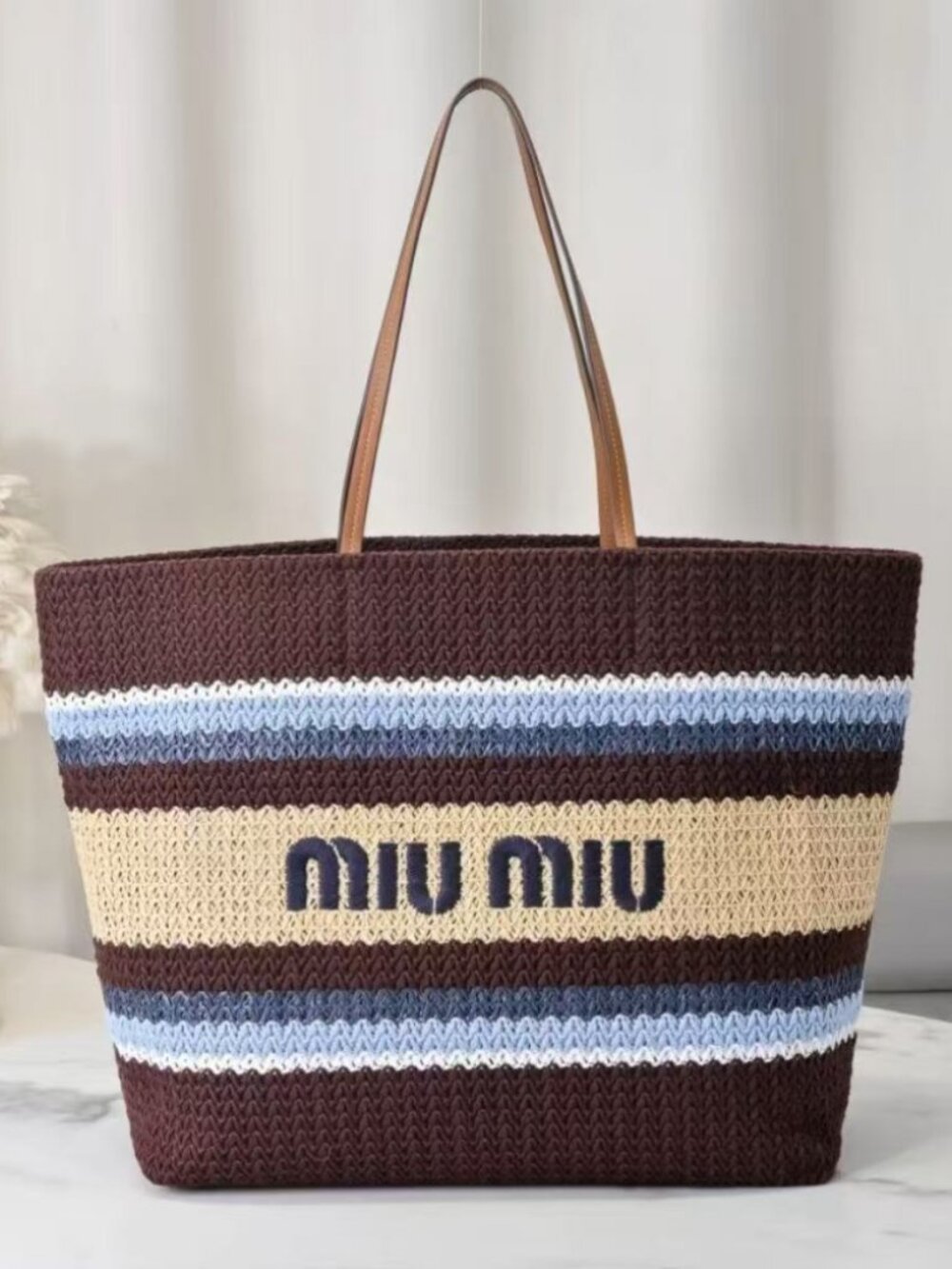 Miu Miu Logo Embroidery Woven Straw Leather Handle Shopper Bag